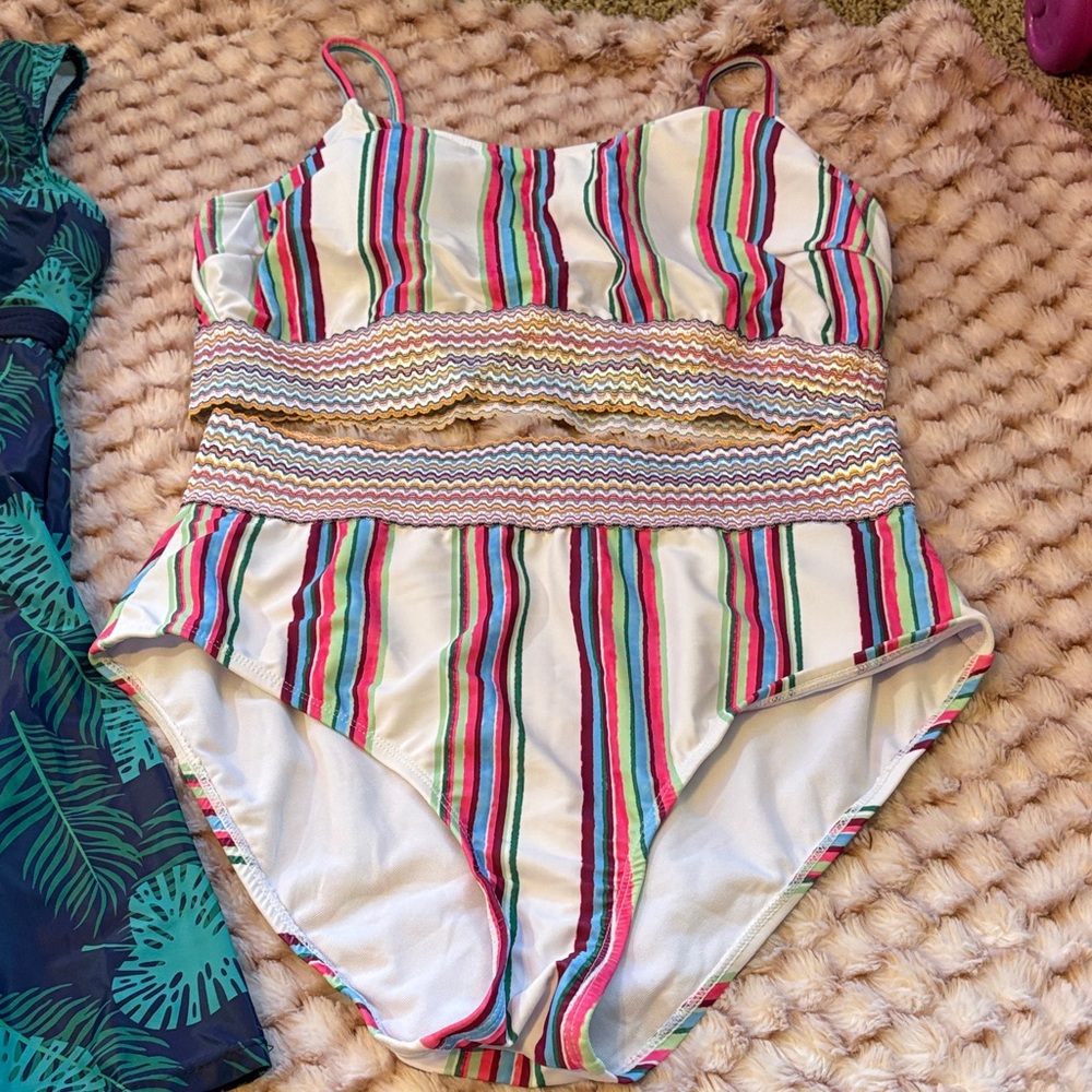 Striped Smocked Waist Women’s  Swim in White with Multicolor Stripes